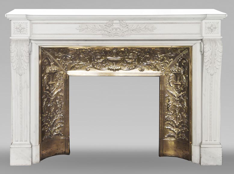 Large Louis XVI style fireplace with acanthus leaves and pearls, in statuary marble-0