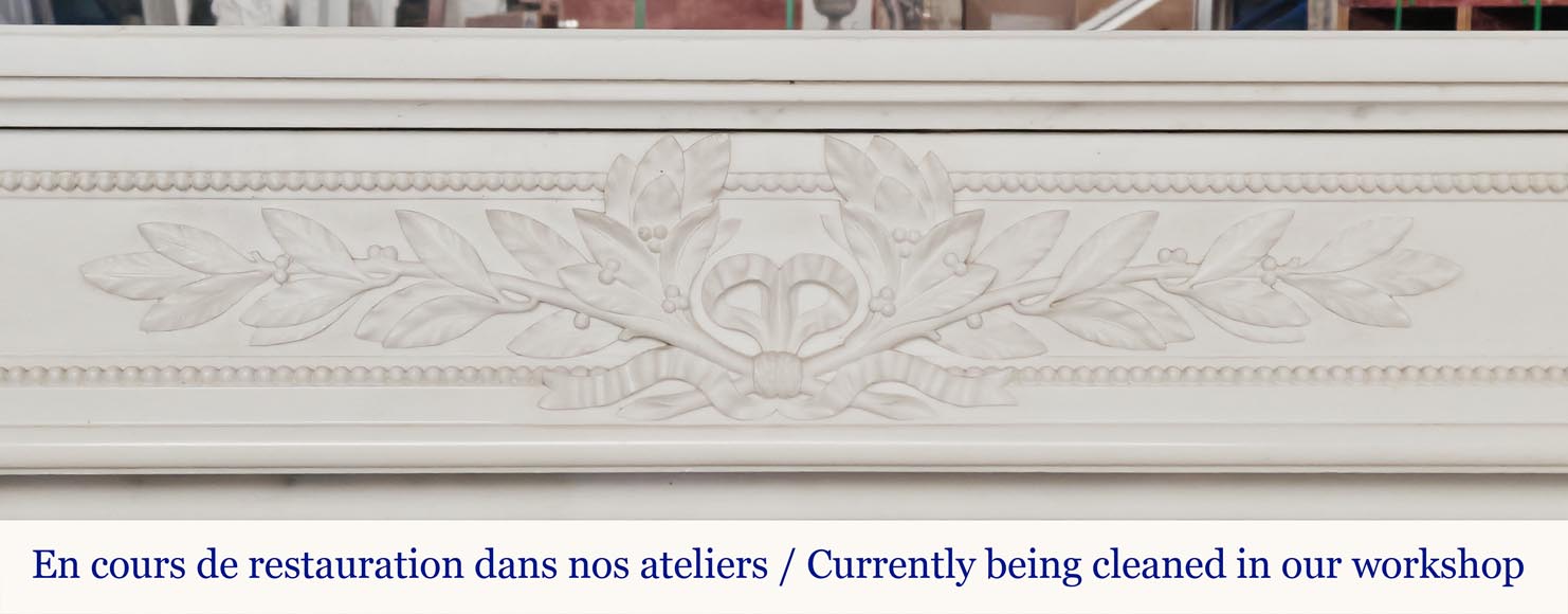 Large Louis XVI style fireplace with acanthus leaves and pearls, in statuary marble-1