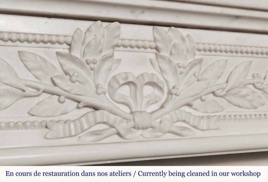 Large Louis XVI style fireplace with acanthus leaves and pearls, in statuary marble-2