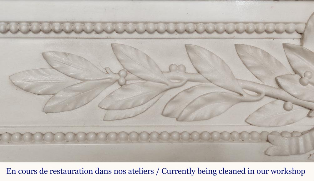 Large Louis XVI style fireplace with acanthus leaves and pearls, in statuary marble-3