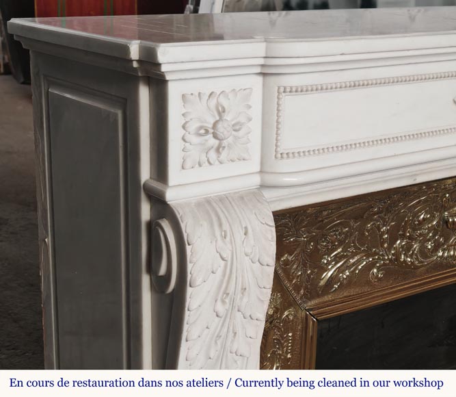 Large Louis XVI style fireplace with acanthus leaves and pearls, in statuary marble-5
