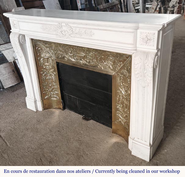 Large Louis XVI style fireplace with acanthus leaves and pearls, in statuary marble-8