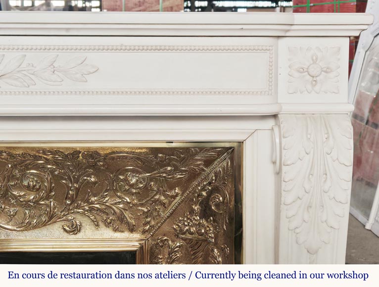 Large Louis XVI style fireplace with acanthus leaves and pearls, in statuary marble-9