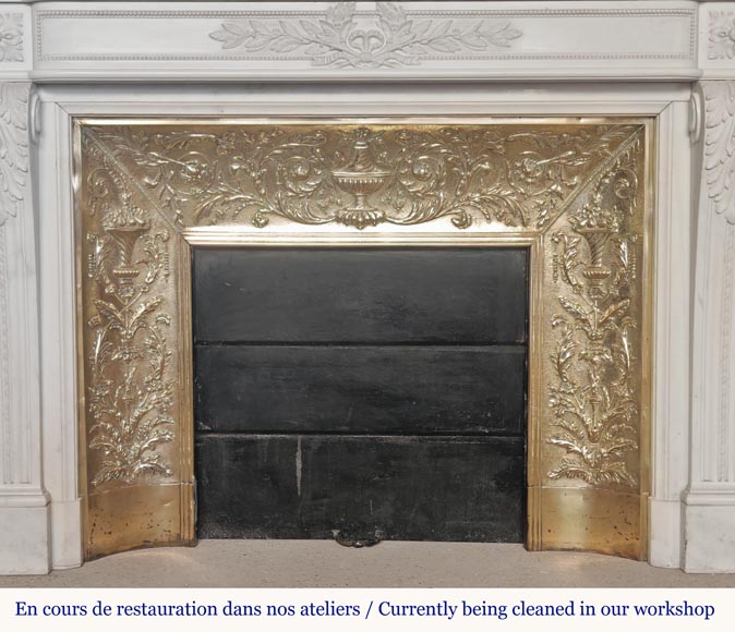 Large Louis XVI style fireplace with acanthus leaves and pearls, in statuary marble-11