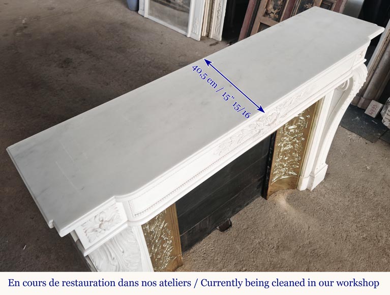 Large Louis XVI style fireplace with acanthus leaves and pearls, in statuary marble-12