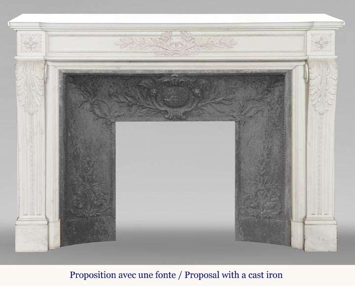 Large Louis XVI style fireplace with acanthus leaves and pearls, in statuary marble-14