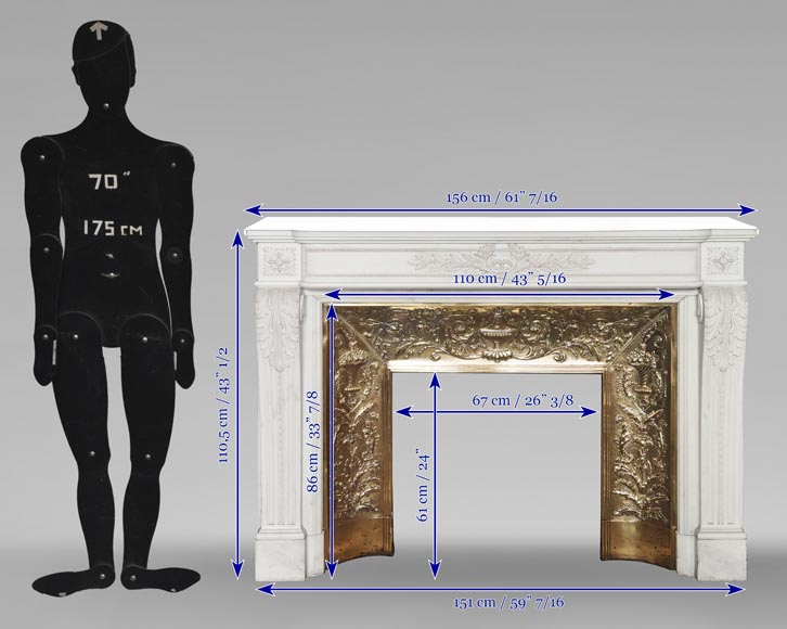 Large Louis XVI style fireplace with acanthus leaves and pearls, in statuary marble-15