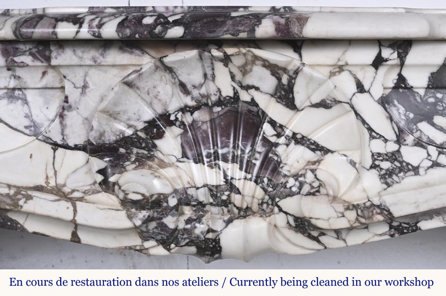 Louis XV style fireplace in purple breccia, decorated with a shell-1