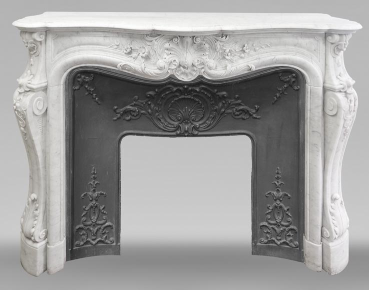 Louis XV style fireplace in Carrara marble, decorated with a floral shell-0
