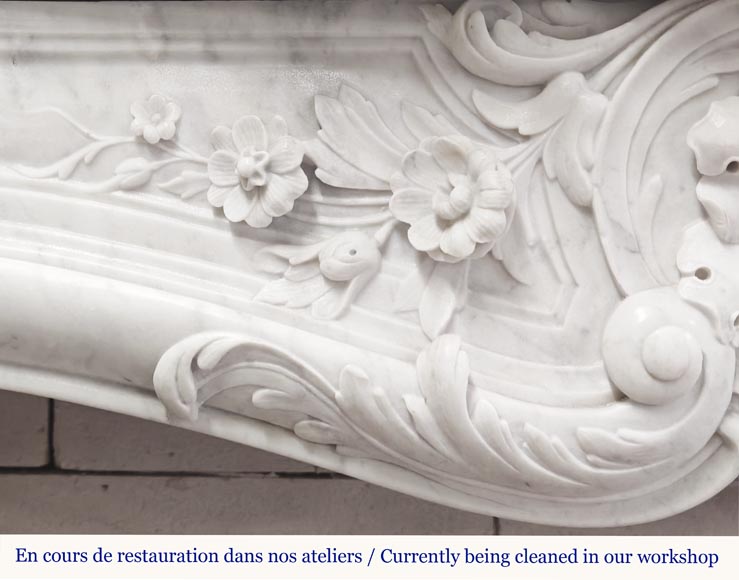 Louis XV style fireplace in Carrara marble, decorated with a floral shell-3