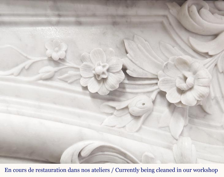 Louis XV style fireplace in Carrara marble, decorated with a floral shell-4