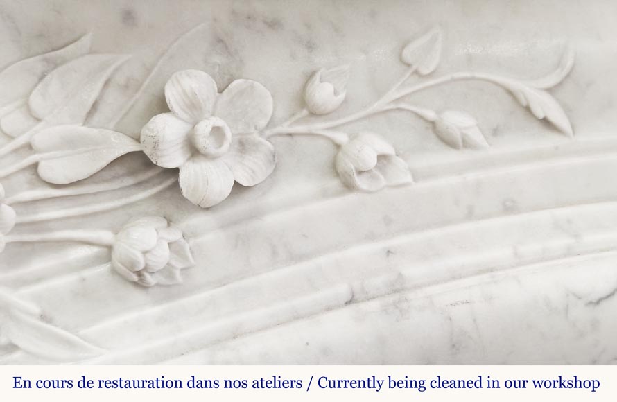 Louis XV style fireplace in Carrara marble, decorated with a floral shell-5
