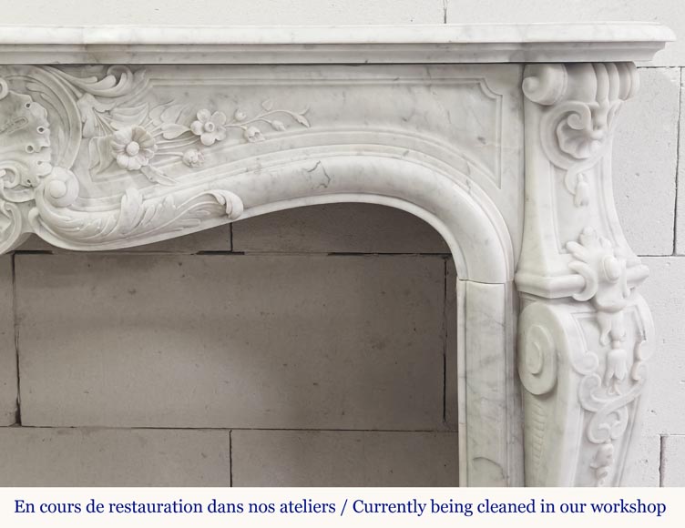 Louis XV style fireplace in Carrara marble, decorated with a floral shell-11