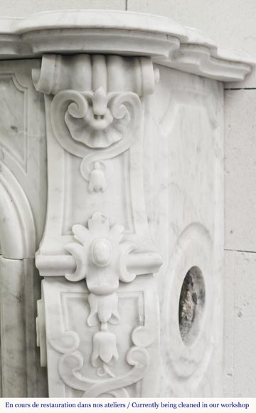 Louis XV style fireplace in Carrara marble, decorated with a floral shell-12