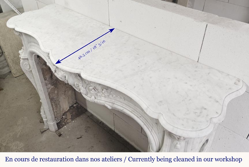 Louis XV style fireplace in Carrara marble, decorated with a floral shell-15