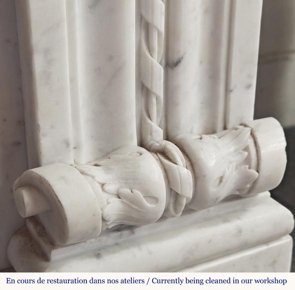 Louis XVI style fireplace in Carrara marble decorated with a bow and a quiver-12