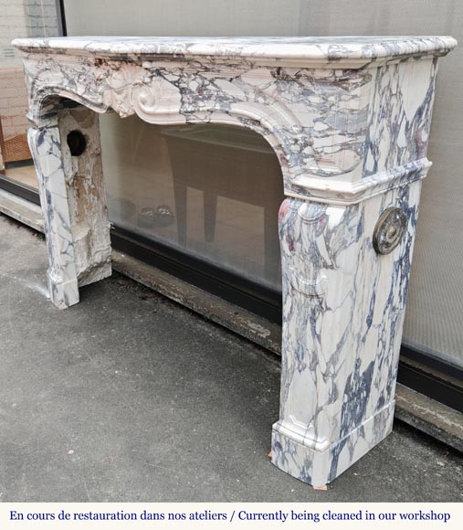 Louis XV style fireplace in Violet Breccia, with a central cartouche framed by palmettes-7