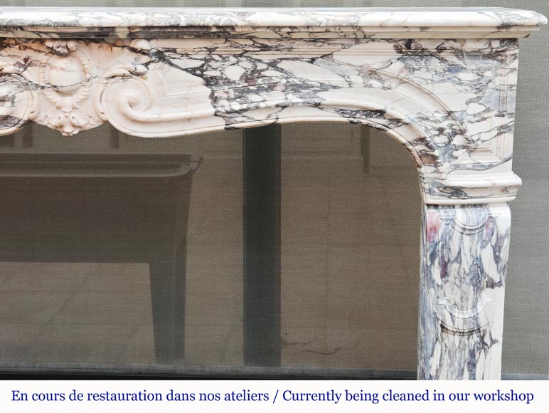 Louis XV style fireplace in Violet Breccia, with a central cartouche framed by palmettes-8