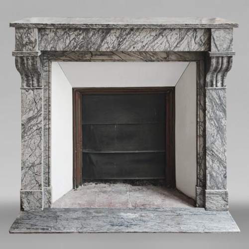 Small modillion-type fireplace in blue flowered marble