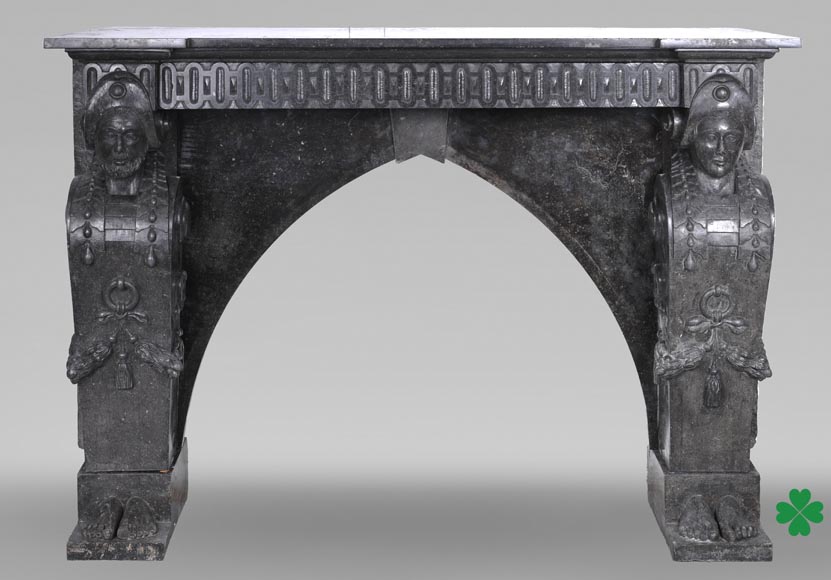  Black Granite Fireplace with Sculpted Male Figures – 18th Century-0