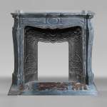 Louis XV style fireplace, Pompadour model, in blue Turquin marble
