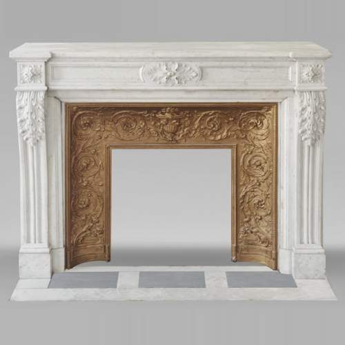 Louis XVI style fireplace with acanthus leaves, carved in Carrara marble