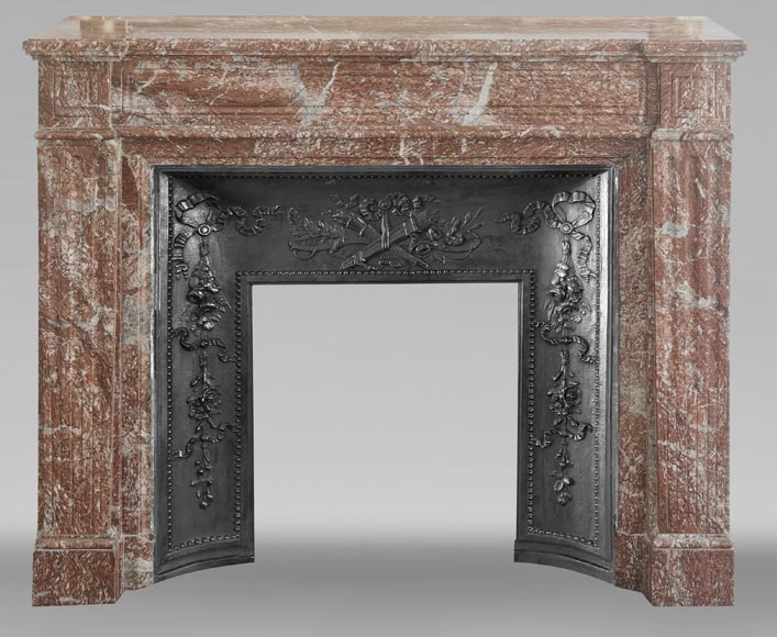 Louis XVI style fireplace with molded decoration, in red Campan marble-0