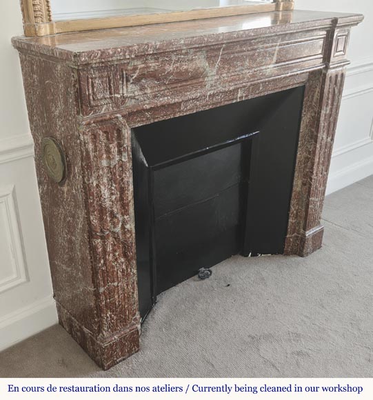 Louis XVI style fireplace with molded decoration, in red Campan marble-2