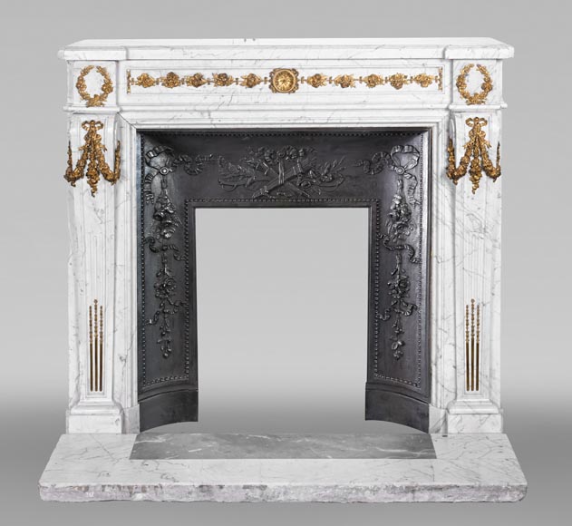 Louis XVI-Style Fireplace in Carrara Marble with Gilt Bronze