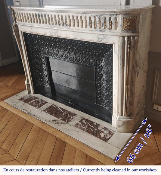 Curved Louis XVI style fireplace in veined marble, with bronze asparagus decoration-6