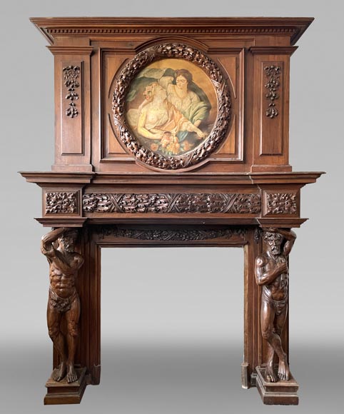 Monumental carved walnut fireplace with atlantes and painted