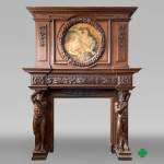 Monumental carved walnut fireplace with atlantes and painted medallion