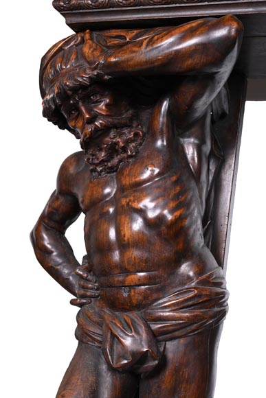 Monumental Italian carved walnut fireplace, Neo-Renaissance style, circa 1880-8