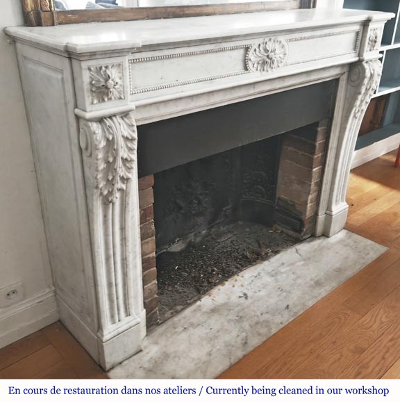 Louis XVI style fireplace in Carrara marble decorated with pearls-3