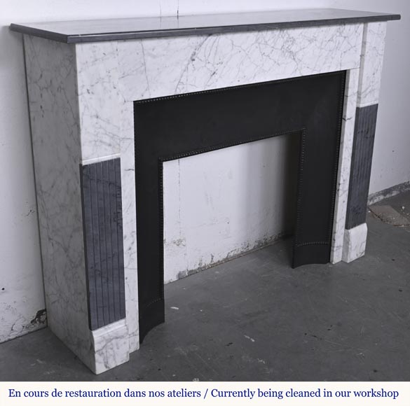 Two-tone Art Deco style fireplace in Carrara marble and dark Turquin Two-tone Art Deco style fireplace in Carrara marble and dark Turquin-2