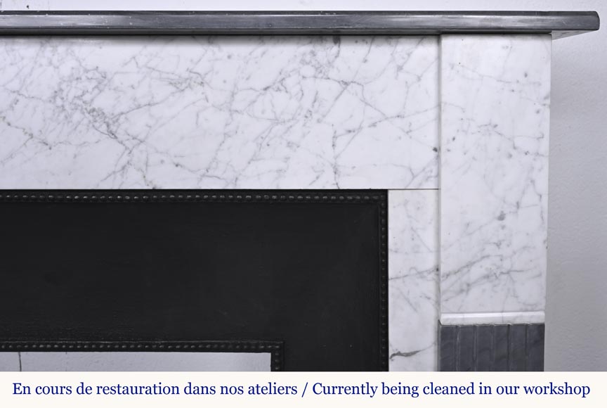Two-tone Art Deco style fireplace in Carrara marble and dark Turquin Two-tone Art Deco style fireplace in Carrara marble and dark Turquin-7