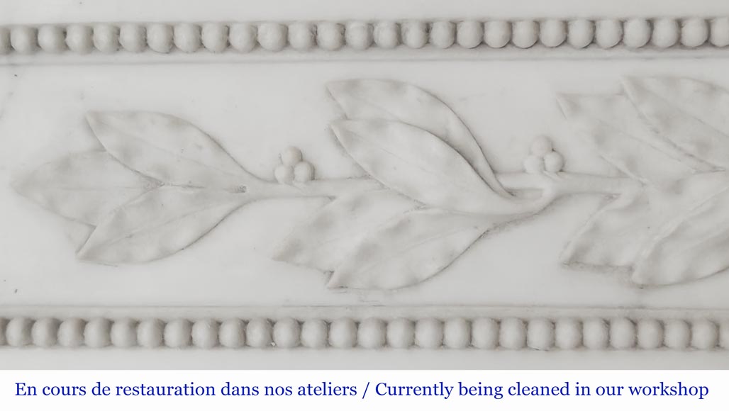 Curved Louis XVI style fireplace with beaded decoration, in semi-statuary marble.-3