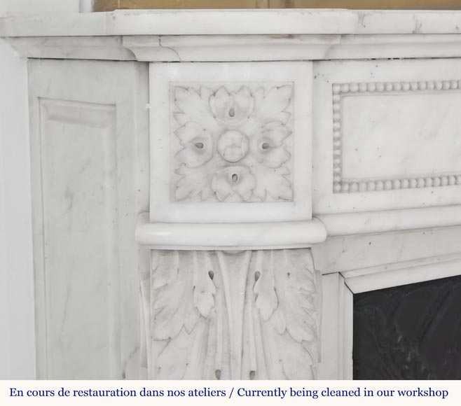 Curved Louis XVI style fireplace with beaded decoration, in semi-statuary marble.-5