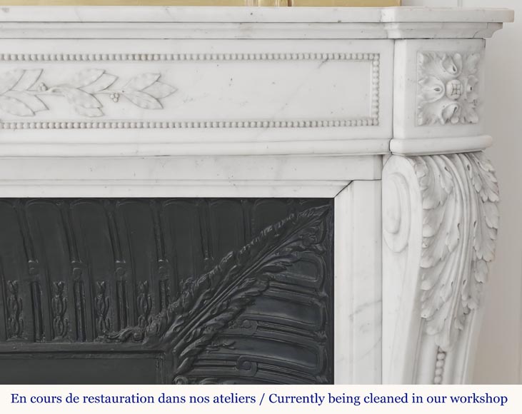 Curved Louis XVI style fireplace with beaded decoration, in semi-statuary marble.-9