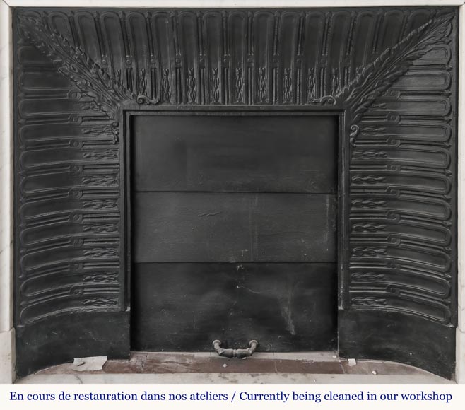 Curved Louis XVI style fireplace with beaded decoration, in semi-statuary marble.-11