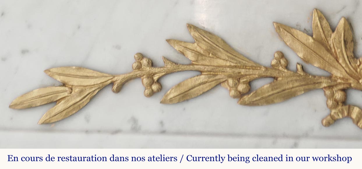 Louis XVI style fireplace with half-columns and bronze decorations, in Carrara marble Louis XVI style fireplace with half-columns and bronze decorations, in Carrara marble-3