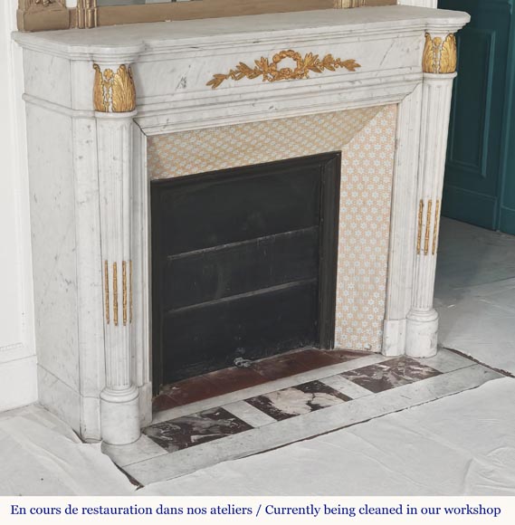Louis XVI style fireplace with half-columns and bronze decorations, in Carrara marble Louis XVI style fireplace with half-columns and bronze decorations, in Carrara marble-4