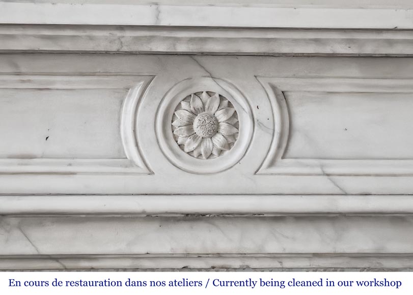 Louis XVI style fireplace in semi-statuary marble, decorated with a sunflower-1
