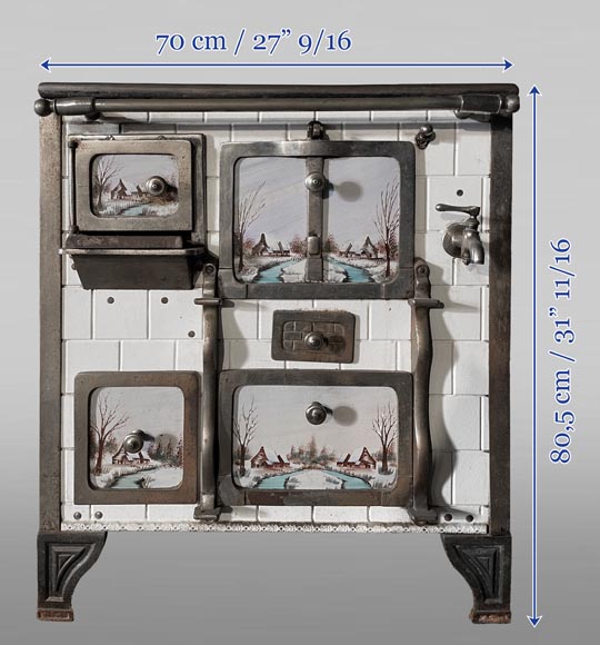 Cast-iron stove with faience imitation and snowy landscape decoration-6