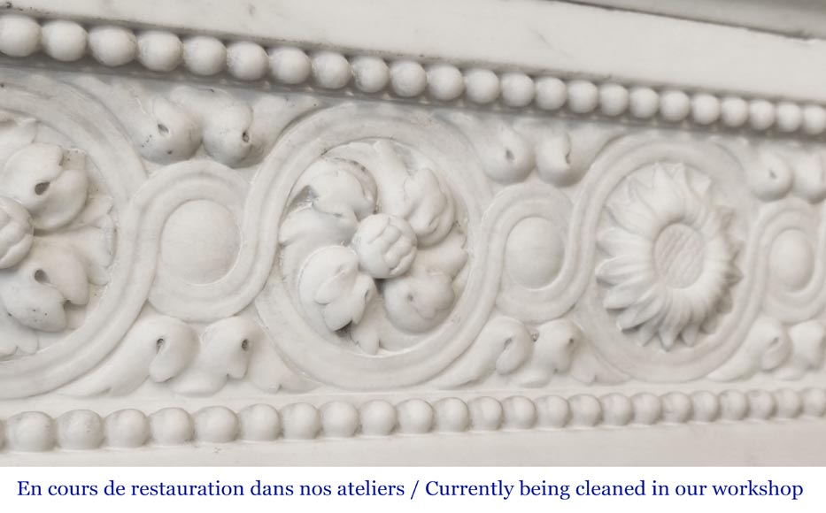 Louis XVI style fireplace decorated with macarons and pearls, in Carrara marble-2