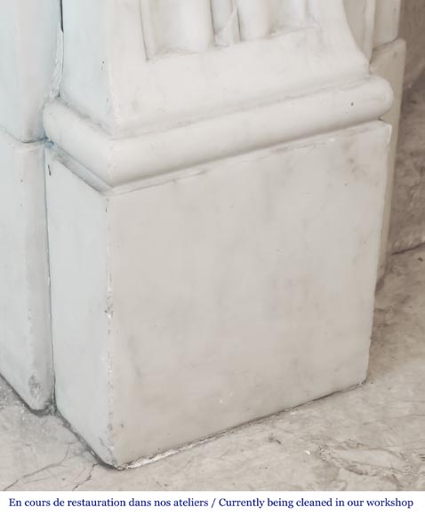 Louis XVI style fireplace decorated with macarons and pearls, in Carrara marble-6