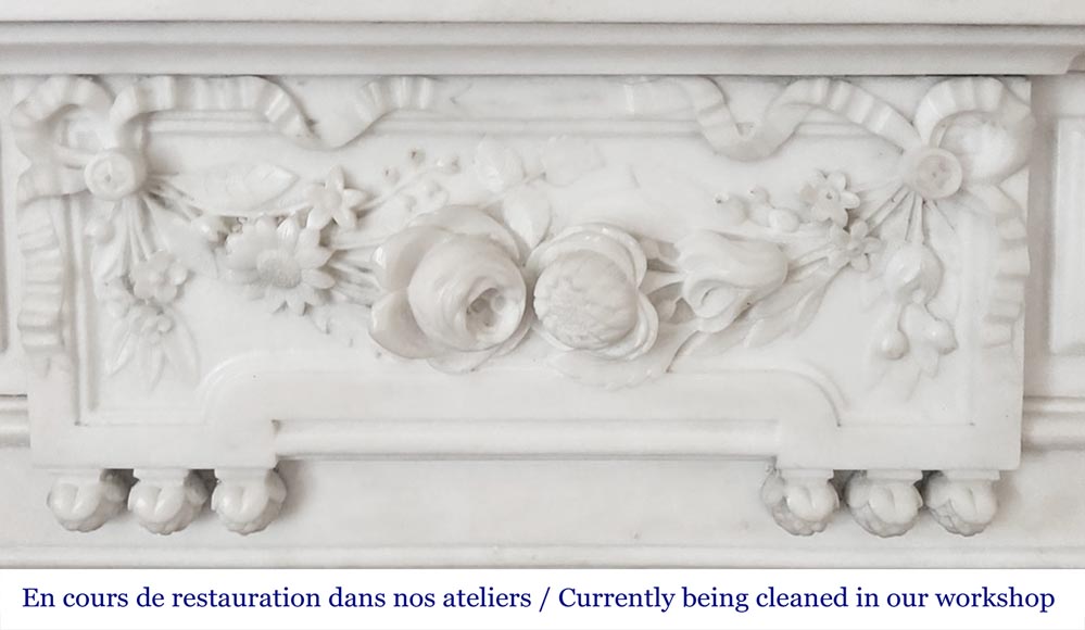 Louis XVI style fireplace with half-column and floral garland, in semi-statuary marble-1