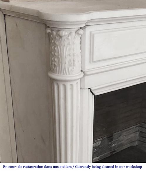 Louis XVI style fireplace with half-column and floral garland, in semi-statuary marble-3
