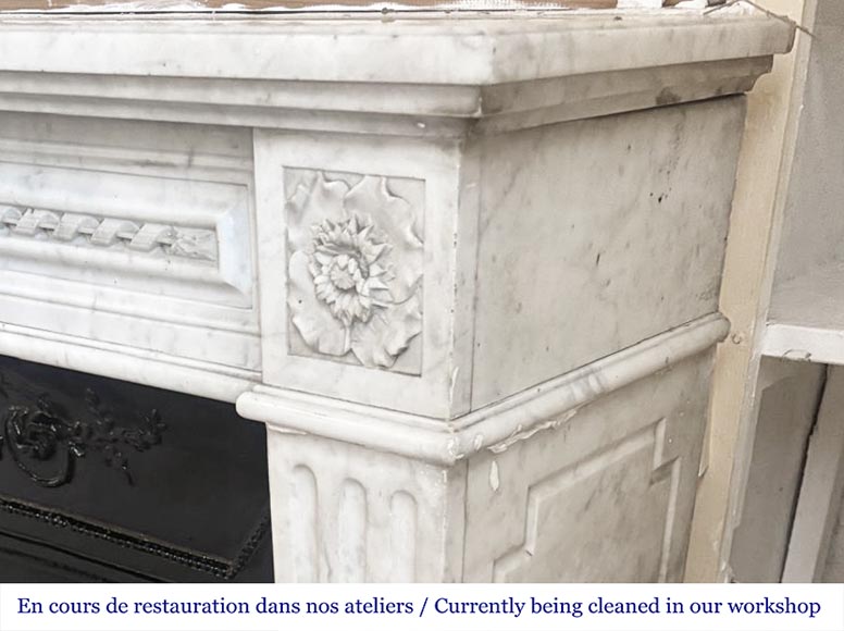 Louis XVI style fireplace in Carrara marble, decorated with ribbons and floral rosettes-6