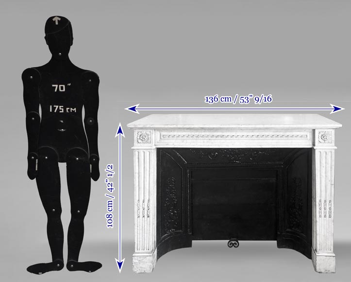 Louis XVI style fireplace in Carrara marble, decorated with ribbons and floral rosettes-8